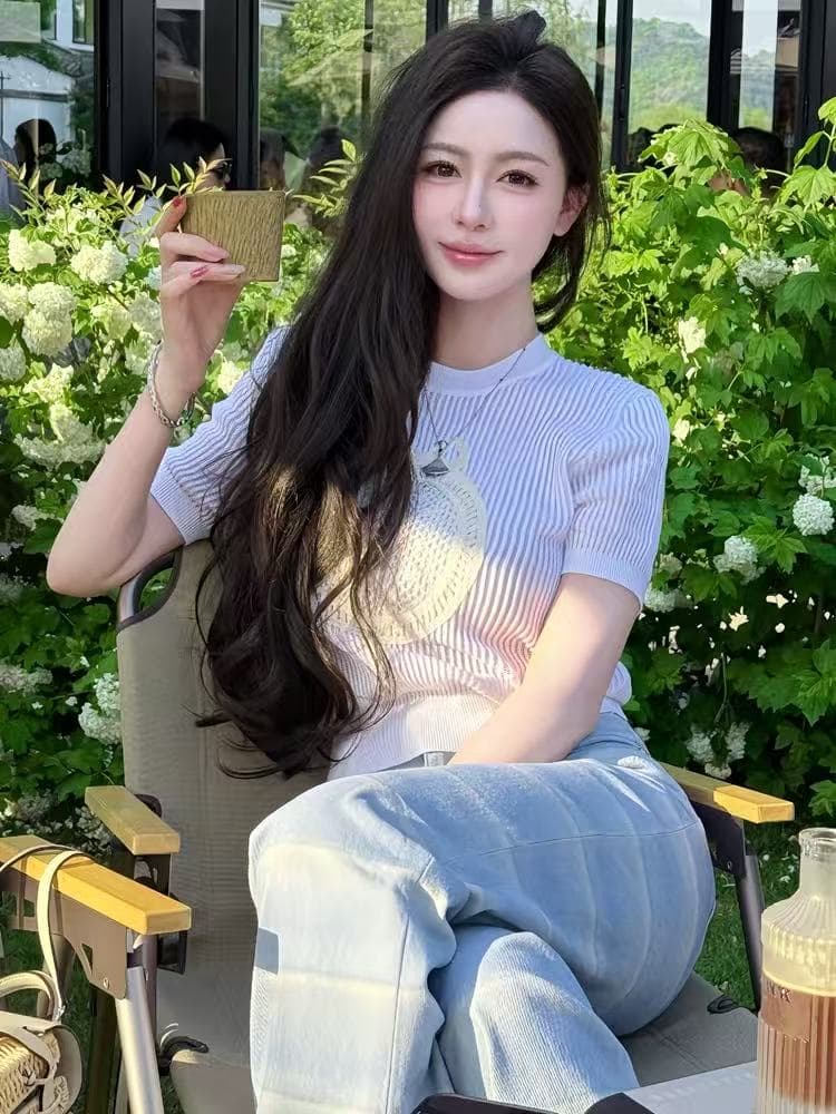 필드 Jiao baby 레이스 거울 연인 프랑스식 우아한 오래된 돈 천 골드 나비 매듭 홀로우 아웃 자수 니트 반팔 상세 이미지 4
