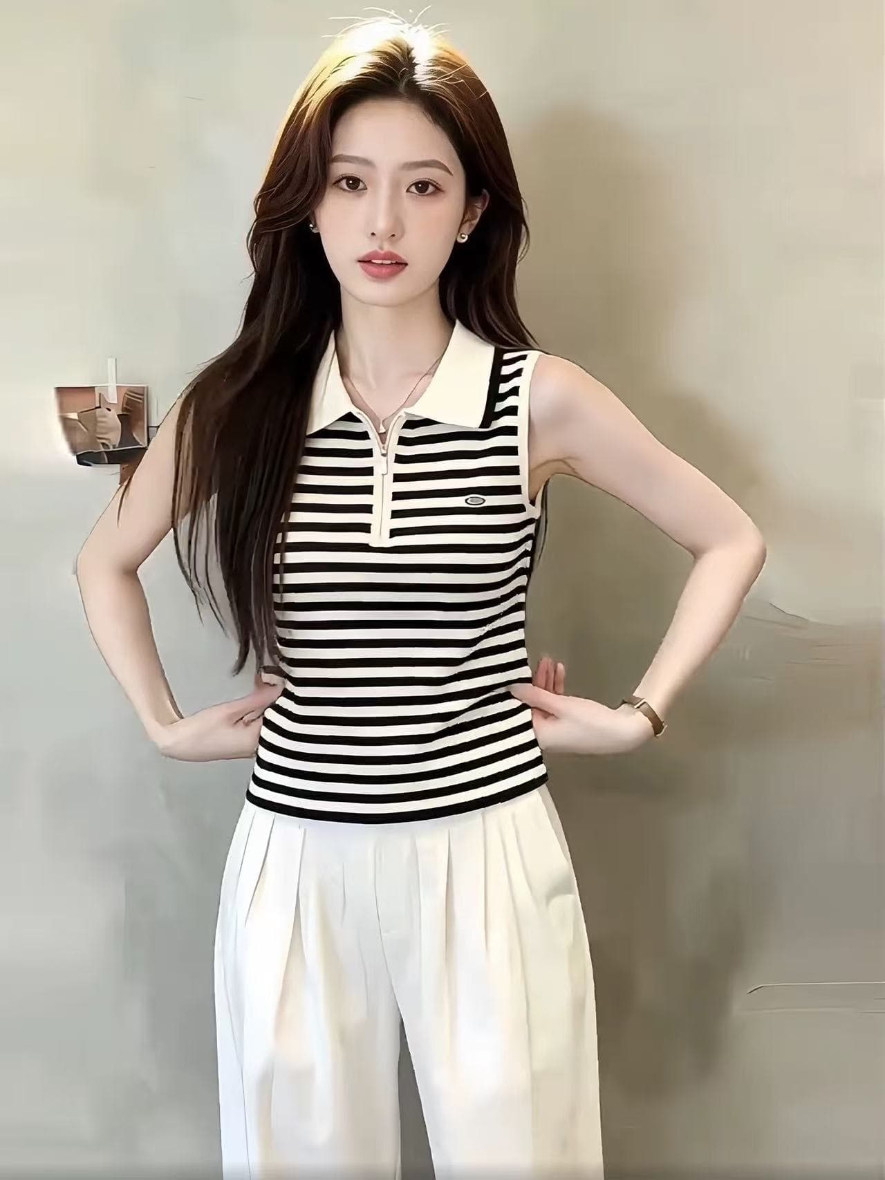 검정색 스트라이프 POLO 칼라 민소매 티셔츠 여성 2026 새로운 여름 출퇴근 아름다운 작은 맨위 높음 지혜 센스 착용 가져 가라. 상세 이미지 4