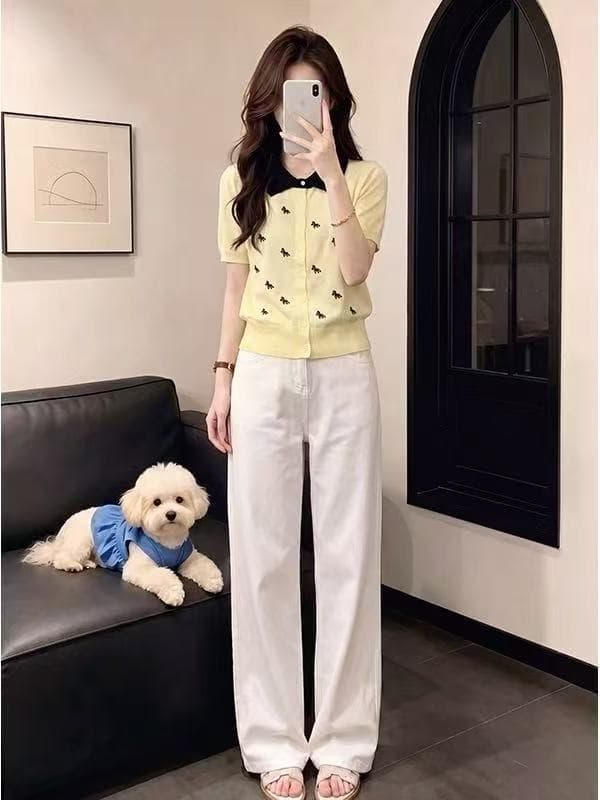 여름 새로운 학원 스타일 작은 말 자수 POLO 칼라 반팔 니트 오픈 가디건 여성 다용도 슬림해 보이는 얇은 스타일 맨위 상세 이미지 2