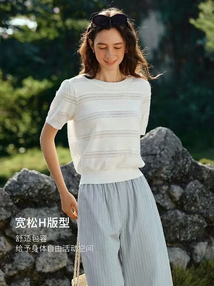 유럽 루이 어린이 2026 여름 새로운 화이트 물결 무늬 선택 구멍 질감 유연성 리브 라운드 넥 반팔 니트 스웨터 여성 이미지 4