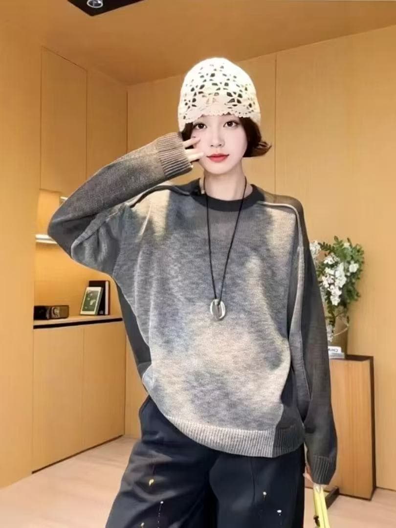 작은 대중 레트로 배색 라운드 넥 니트 스웨터 맨위 여성 2026 봄 빅 사이즈 지방 mm 풀오버 루즈핏 긴팔 맨위 이미지 2