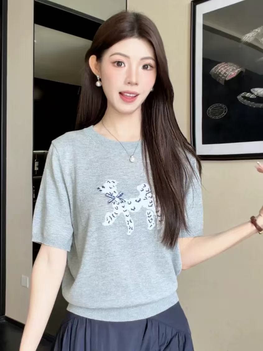 ziyi 강아지 자카드 라운드 넥 연령 감소 반팔 니트 스웨터 여성 여름 다용도 캐주얼 맨위 zz-0202 상세 이미지 1