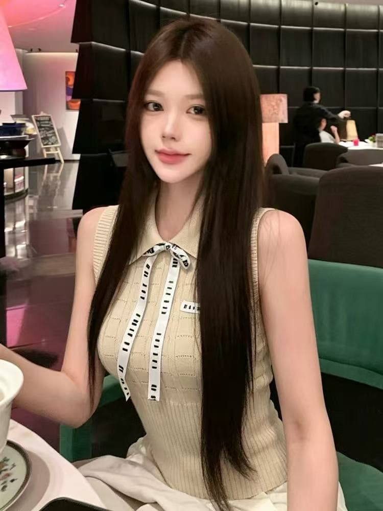 g1 studios 학원 스타일 쌀 살구 색상 POLO 칼라 조끼 여성 여름 순수한 욕망 연령 감소 레이스업 슬림해 보이는 민소매 맨위