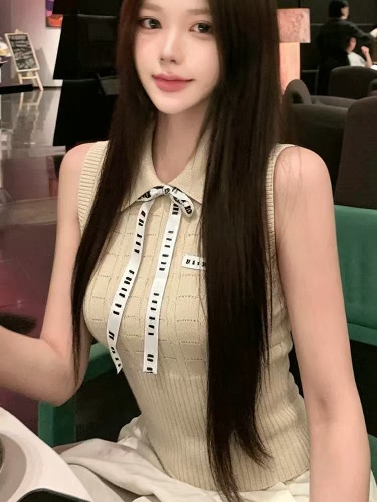 g1 studios 학원 스타일 쌀 살구 색상 POLO 칼라 조끼 여성 여름 순수한 욕망 연령 감소 레이스업 슬림해 보이는 민소매 맨위 이미지 3