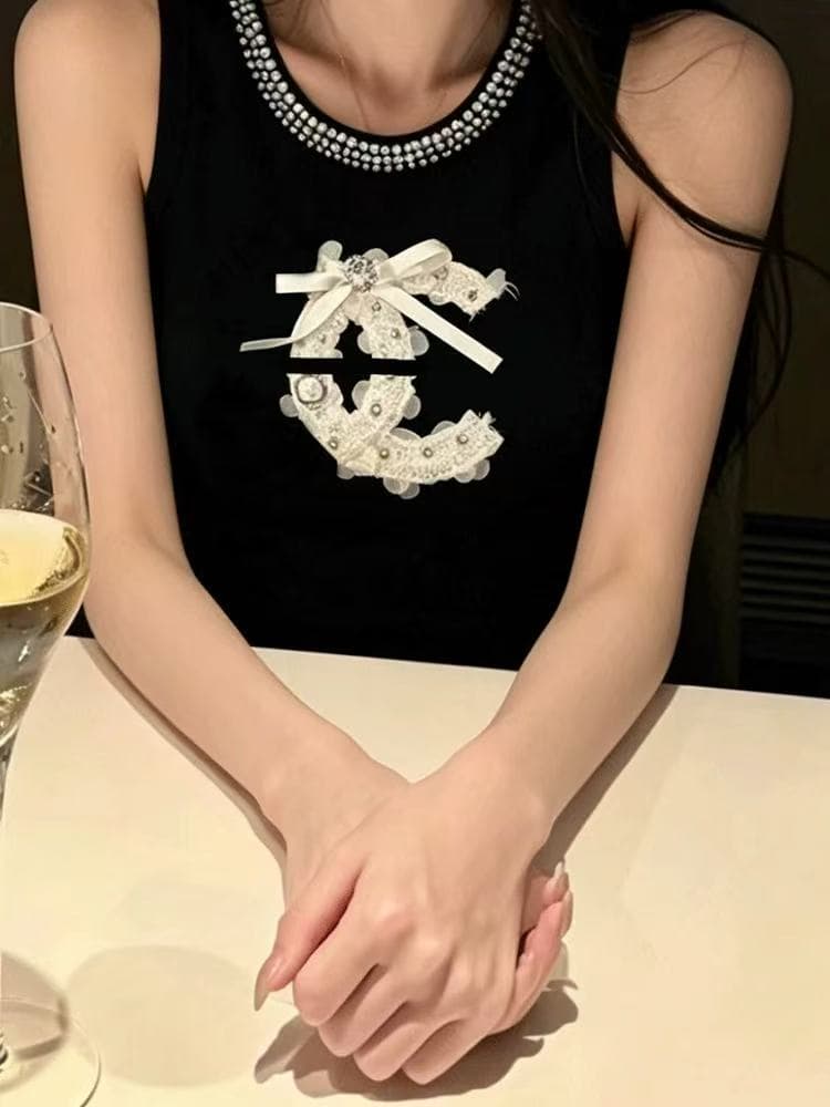 g1 studios 명문 여성 바람 검정색 진주 칼라 조끼 여성 순수한 욕망 절묘한 자수 몸매 가꾸기 슬림해 보이는 민소매 맨위 이미지 3