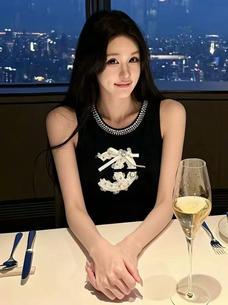 g1 studios 명문 여성 바람 검정색 진주 칼라 조끼 여성 순수한 욕망 절묘한 자수 몸매 가꾸기 슬림해 보이는 민소매 맨위 상세 이미지 1