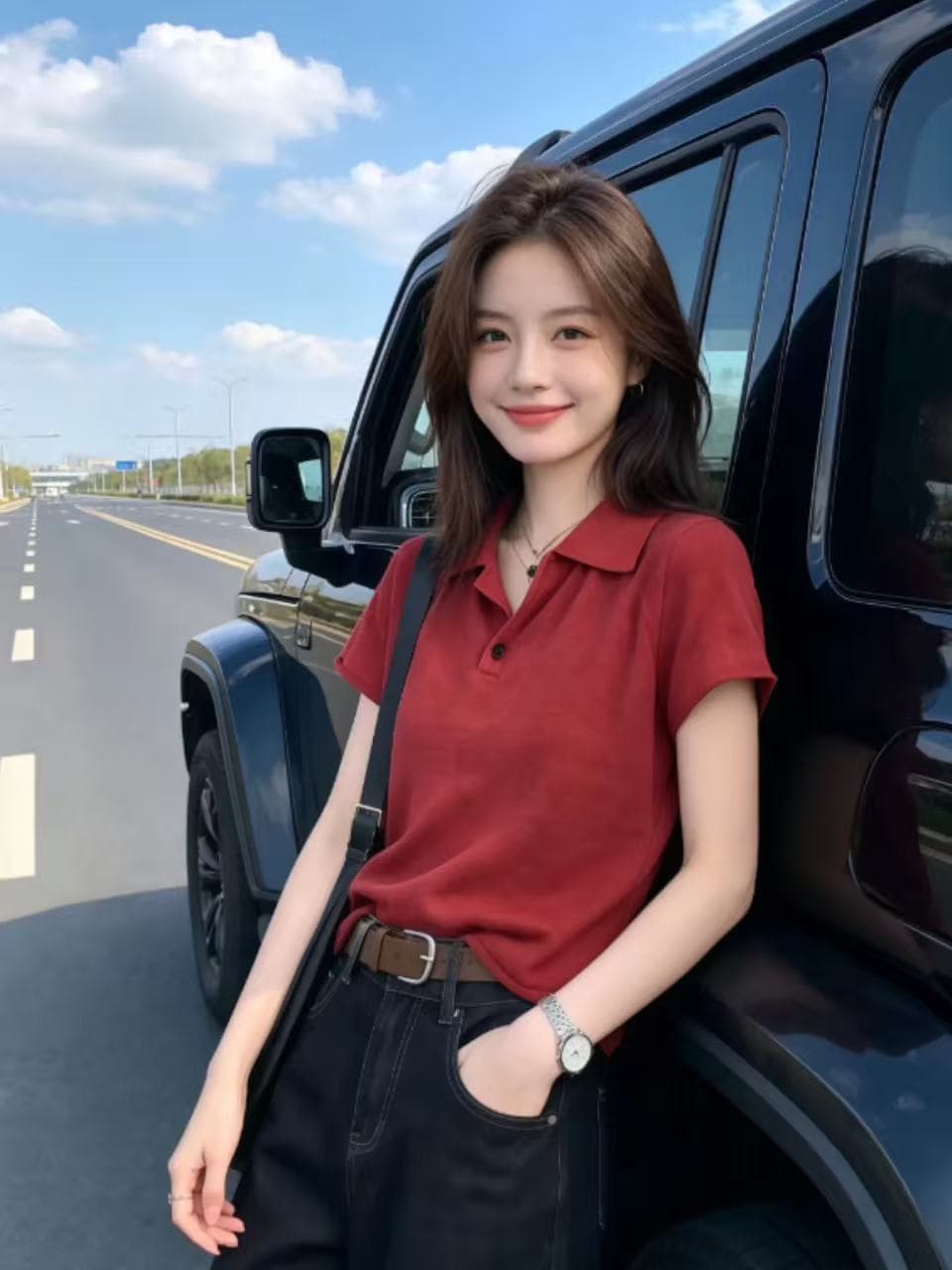 POLO 칼라 빨간색 볼륨 측면 반팔 니트 스웨터 여성 2026 년 새로운 여름 얇은 스타일 티셔츠 미니멀리즘 슬림해 보이는 맨위 이미지 3