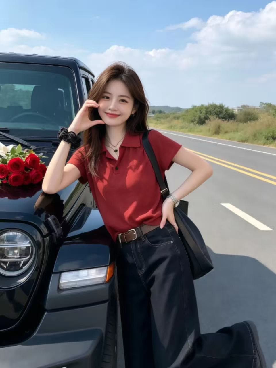 POLO 칼라 빨간색 볼륨 측면 반팔 니트 스웨터 여성 2026 년 새로운 여름 얇은 스타일 티셔츠 미니멀리즘 슬림해 보이는 맨위 이미지 2