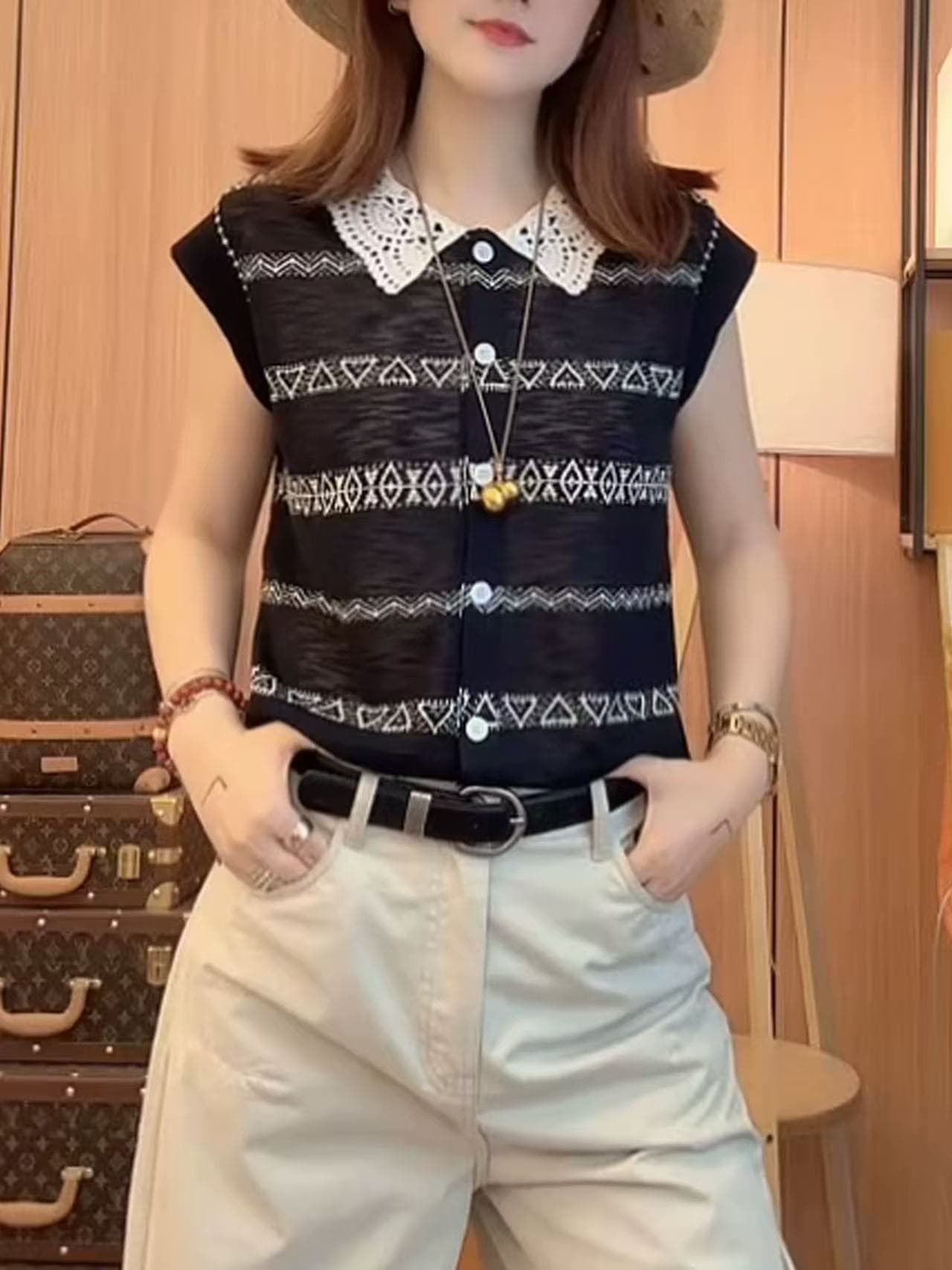 레이스 폴로 칼라 스트라이프 반팔 니트 스웨터 여성 여름 얇은 스타일 티셔츠 2026 새로운 루즈핏 슬림해 보이는 연령 감소 맨위 이미지 3