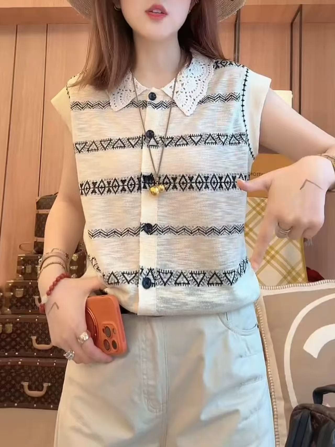 레이스 폴로 칼라 스트라이프 반팔 니트 스웨터 여성 여름 얇은 스타일 티셔츠 2026 새로운 루즈핏 슬림해 보이는 연령 감소 맨위 상세 이미지 1