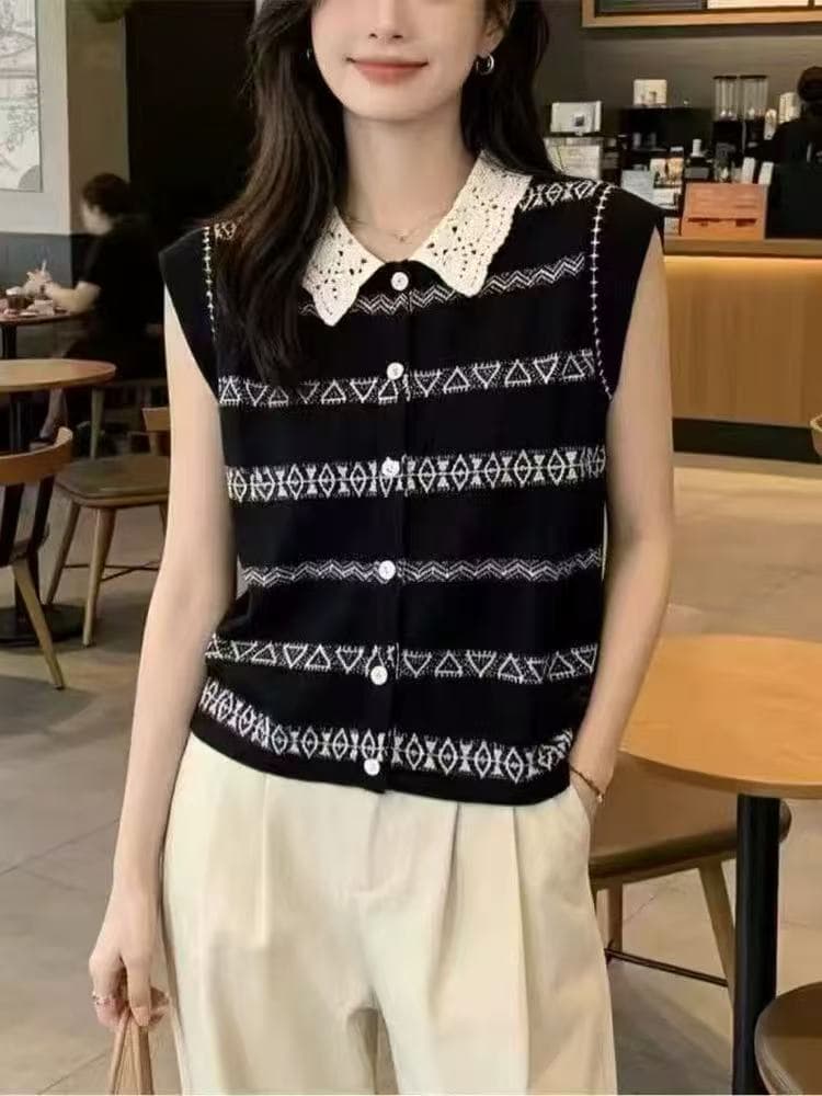 레이스 폴로 칼라 스트라이프 반팔 니트 스웨터 여성 여름 얇은 스타일 티셔츠 2026 새로운 루즈핏 슬림해 보이는 연령 감소 맨위 상세 이미지 5