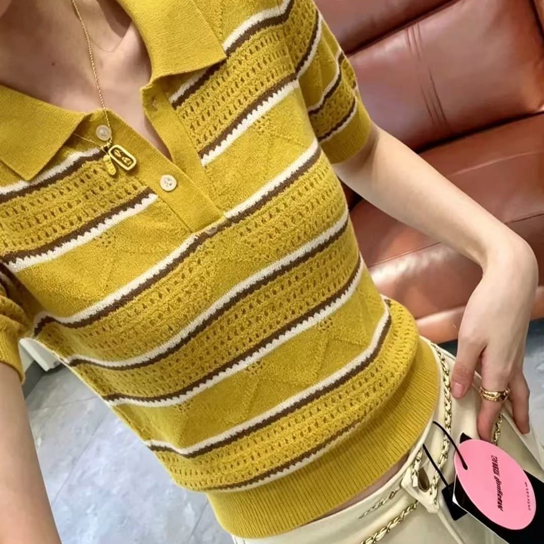 얼음 실크 홀로우 아웃 POLO 칼라 스트라이프 반팔 니트 스웨터 여성 여름 2026 새로운 미니멀리즘 슬림해 보이는 디자인 센스 맨위 이미지 5