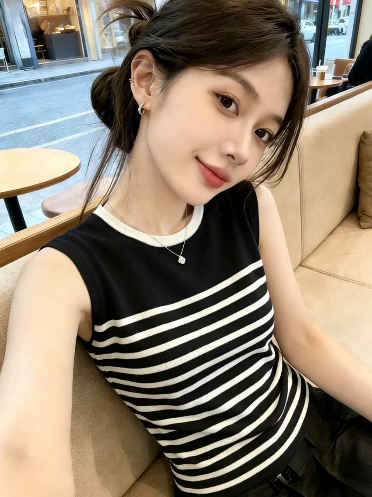 한 부서 라운드 넥 스트라이프 배색 조끼 니트 스웨터 여성 2026 여름 새로운 몸매 가꾸기 슬림해 보이는 외국 가스 연령 감소 맨위 이미지 2