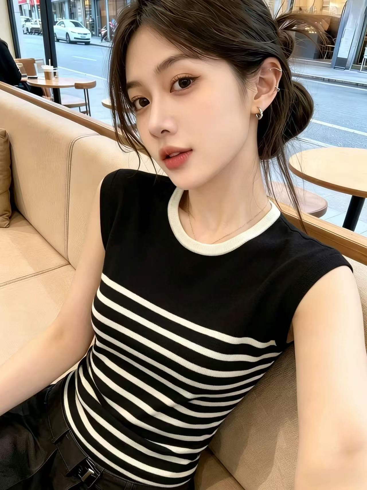 한 부서 라운드 넥 스트라이프 배색 조끼 니트 스웨터 여성 2026 여름 새로운 몸매 가꾸기 슬림해 보이는 외국 가스 연령 감소 맨위 상세 이미지 2
