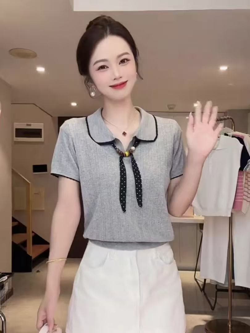 부드러운 바람 파란색 폴로 칼라 경기 스카프 반팔 니트 스웨터 여름 얇은 스타일 고유 한 아름다운 슬림해 보이는 POLO 셔츠 맨위 이미지 2