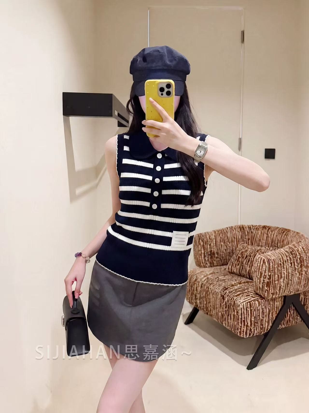 생각하기 지아 한 학원 스타일 배색 스트라이프 POLO 칼라 민소매 니트 조끼 여성 여름 몸매 가꾸기 슬림해 보이는 다용도 맨위 상세 이미지 3