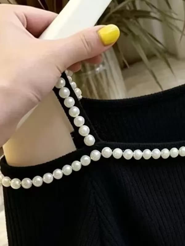 빛 요리 한 바람 오프숄더 진주 장식 반팔 니트 스웨터 여성 여름 작은 키 몸매 가꾸기 슬림해 보이는 오프숄더 맨위 t 상세 이미지 2