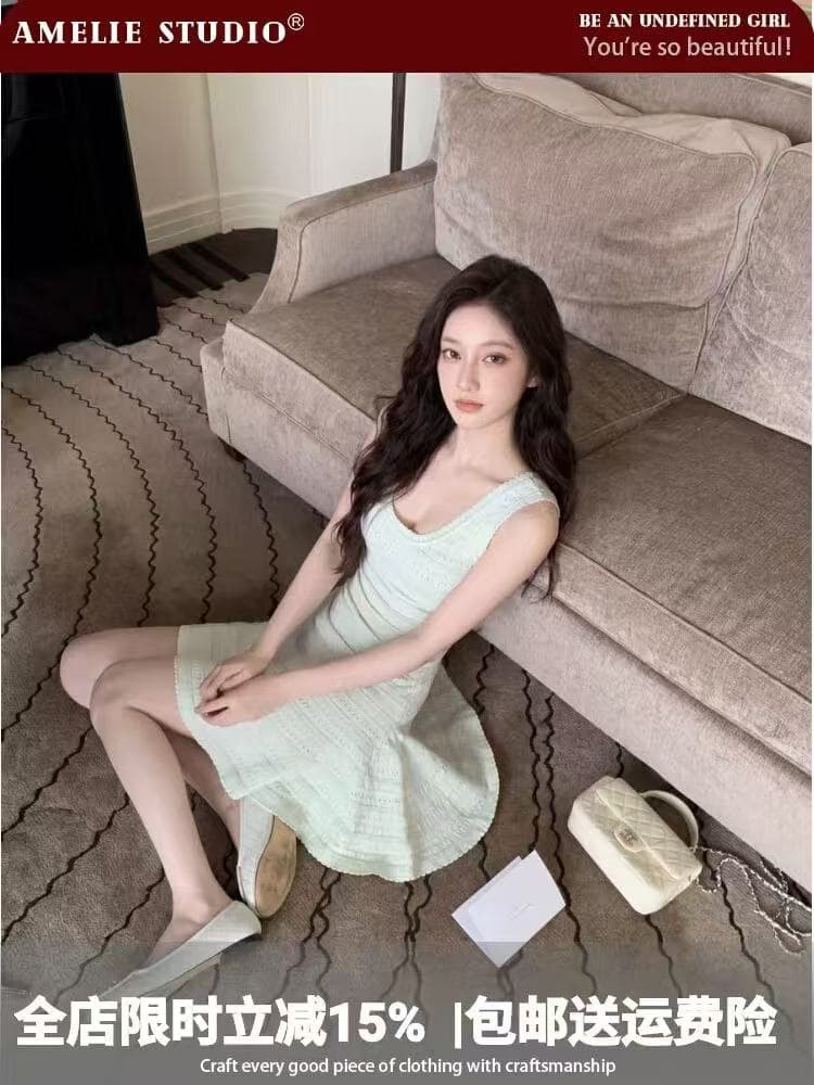 녹색 u 칼라 홀로우 아웃 니트 슬립 여성 드레스 여름 한 부서 순수한 욕망 부드러운 품격 허리 수축 한 마디 짧은 치마 상세 이미지 1