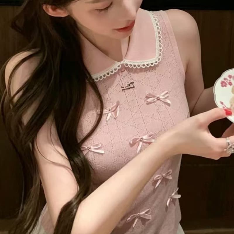 liheyu 한 부서 바람 베이비 칼라 홀로우 아웃 전신 작은 나비 매듭 티셔츠 여성 여름 몸매 가꾸기 쇼트 스타일 민소매 조끼 이미지 5