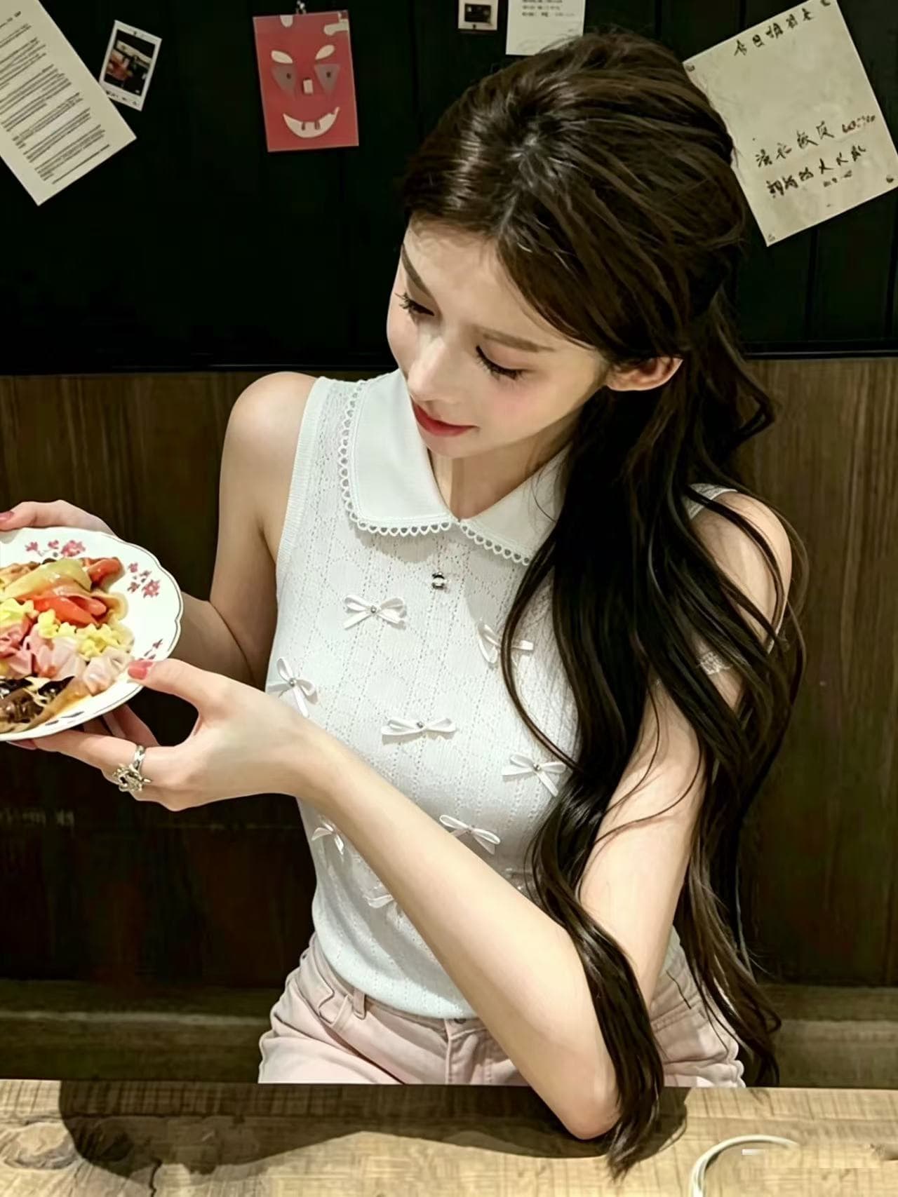 liheyu 한 부서 바람 베이비 칼라 홀로우 아웃 전신 작은 나비 매듭 티셔츠 여성 여름 몸매 가꾸기 쇼트 스타일 민소매 조끼 상세 이미지 1