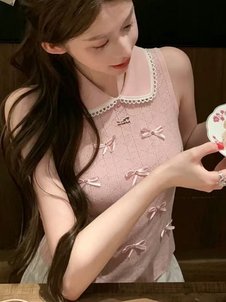 liheyu 한 부서 바람 베이비 칼라 홀로우 아웃 전신 작은 나비 매듭 티셔츠 여성 여름 몸매 가꾸기 쇼트 스타일 민소매 조끼 상세 이미지 5