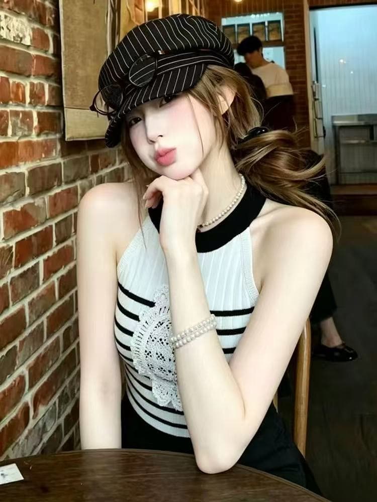 부드러운 연령 감소 핫걸 바람 행침 목 스트라이프 조끼 여성 2026 여름 순수한 욕망 슬림해 보이는 다용도 쇼트 스타일 니트 맨위 이미지 3