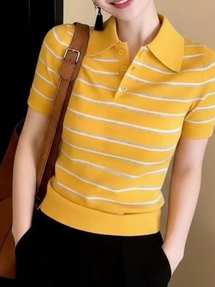 빛 요리 한 바람 황색 스트라이프 POLO 셔츠 반팔 여성 2026 년 봄 새로운 품격 다용도 연령 감소 니트 맨위 상세 이미지 3