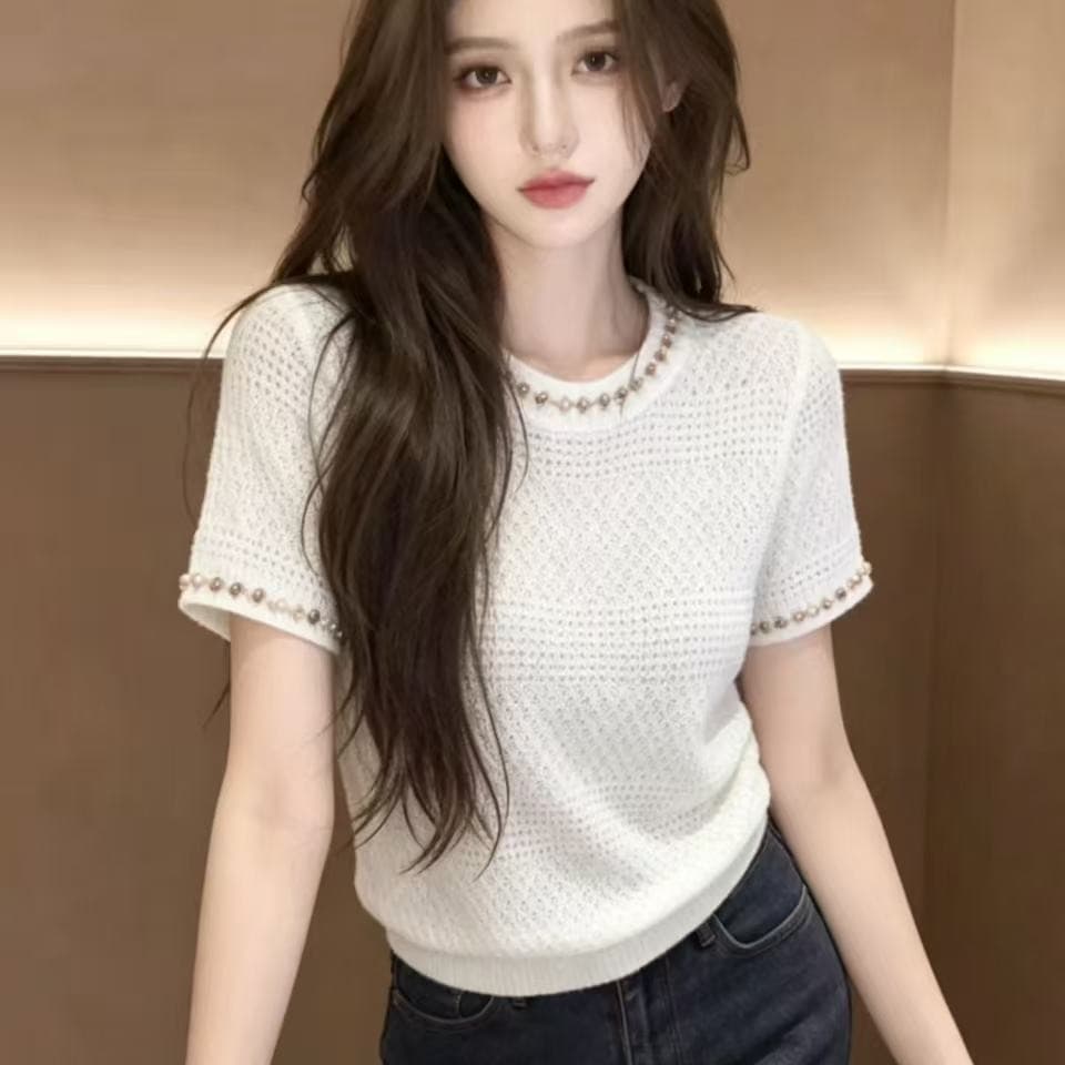 화이트 반팔 니트 스웨터 여자 2026 새로운 여름 고급 센스 여성 슈퍼 잘 생긴 홀로우 아웃 얇은 스타일 맨위 서비스 이미지 5