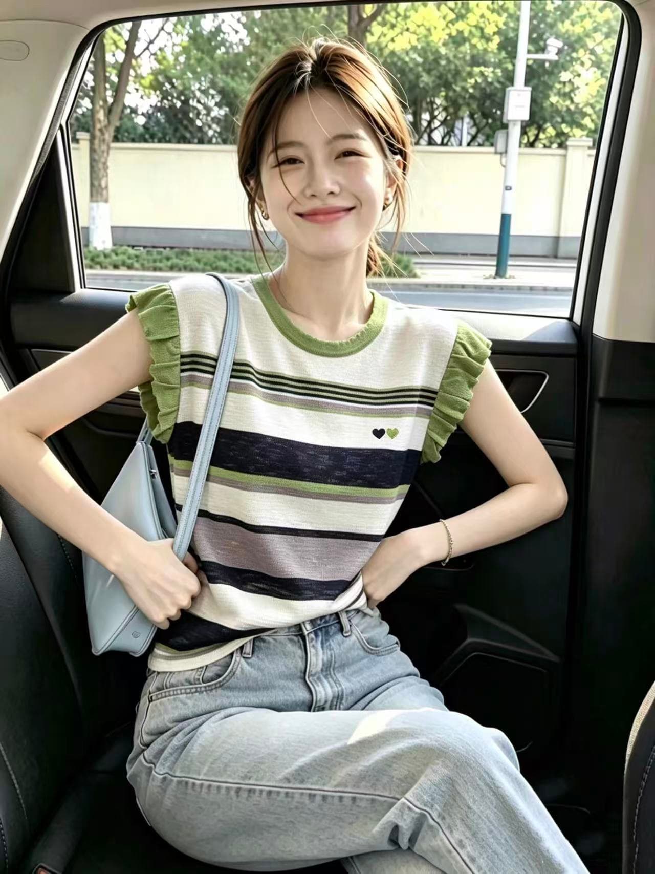 한 부서 부드러운 바람 배색 스트라이프 Feifei 소매 짠 셔츠 여성 고유 한 아름다운 2026 여름 다용도 아름다운 맨위 이미지 2