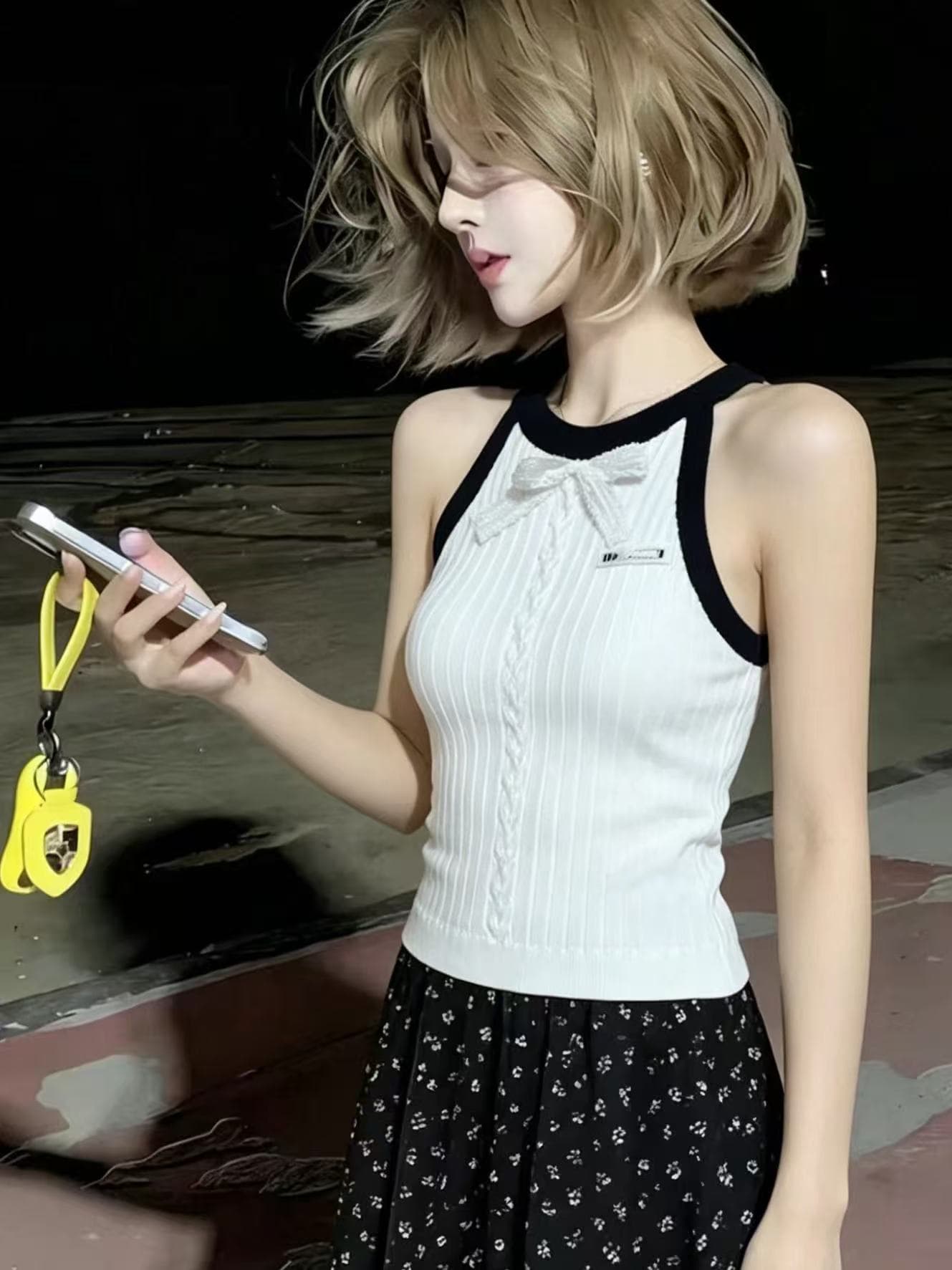 한 부서 핑크색 행침 목 니트 스웨터 조끼 여성 여름 새로운 나비 매듭 숙녀 몸매 가꾸기 슬림해 보이는 민소매 맨위 이미지 4