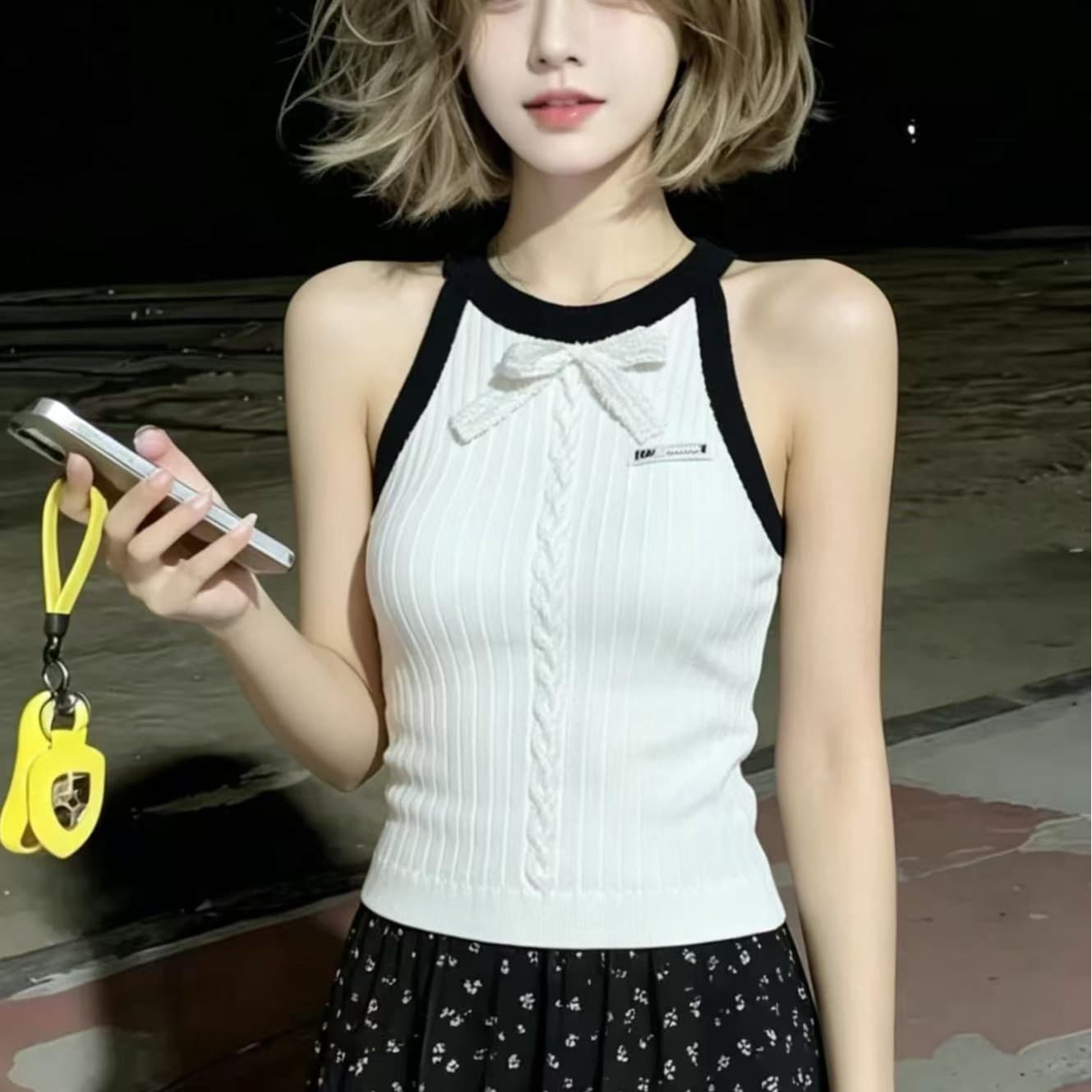 한 부서 핑크색 행침 목 니트 스웨터 조끼 여성 여름 새로운 나비 매듭 숙녀 몸매 가꾸기 슬림해 보이는 민소매 맨위 이미지 5