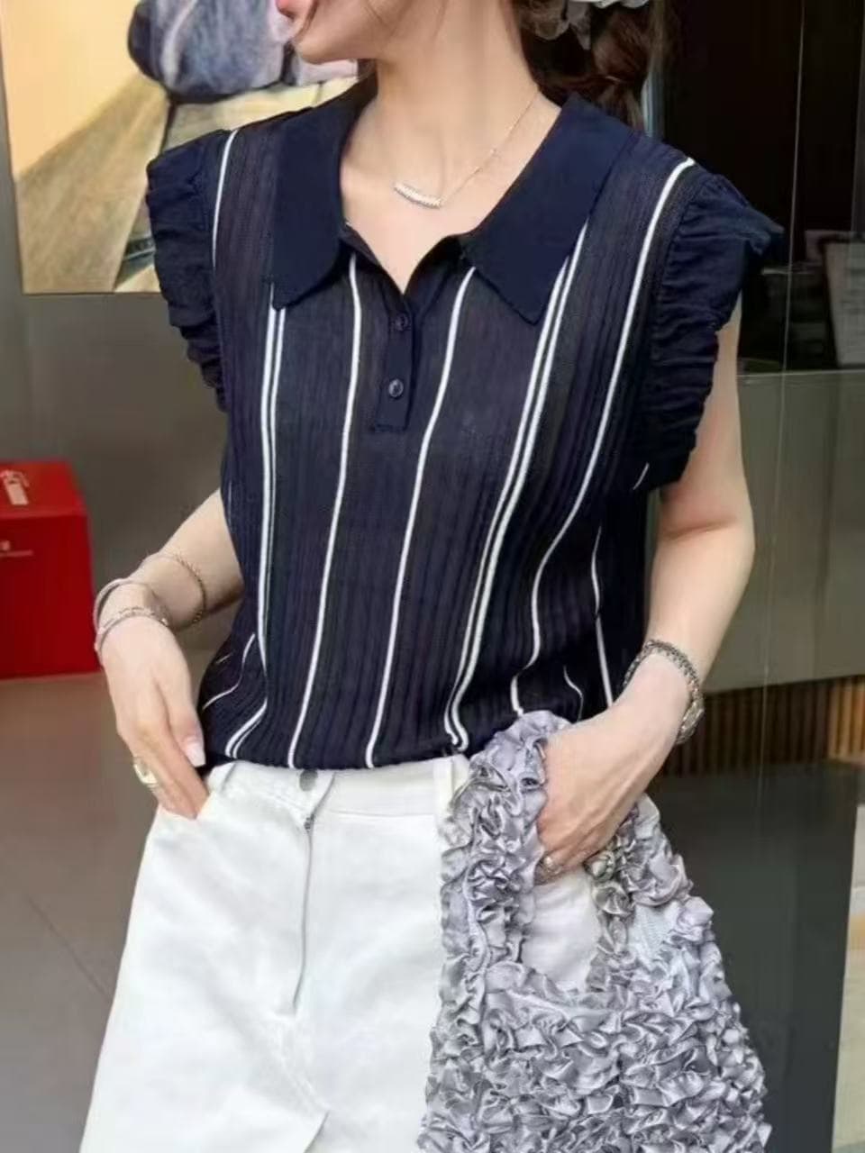 프랑스식 POLO 셔츠 프릴 Feifei 소매 폴로 칼라 니트 맨위 여성 여름 루즈핏 세련된 달콤한 스타일 민소매 티셔츠 이미지 4