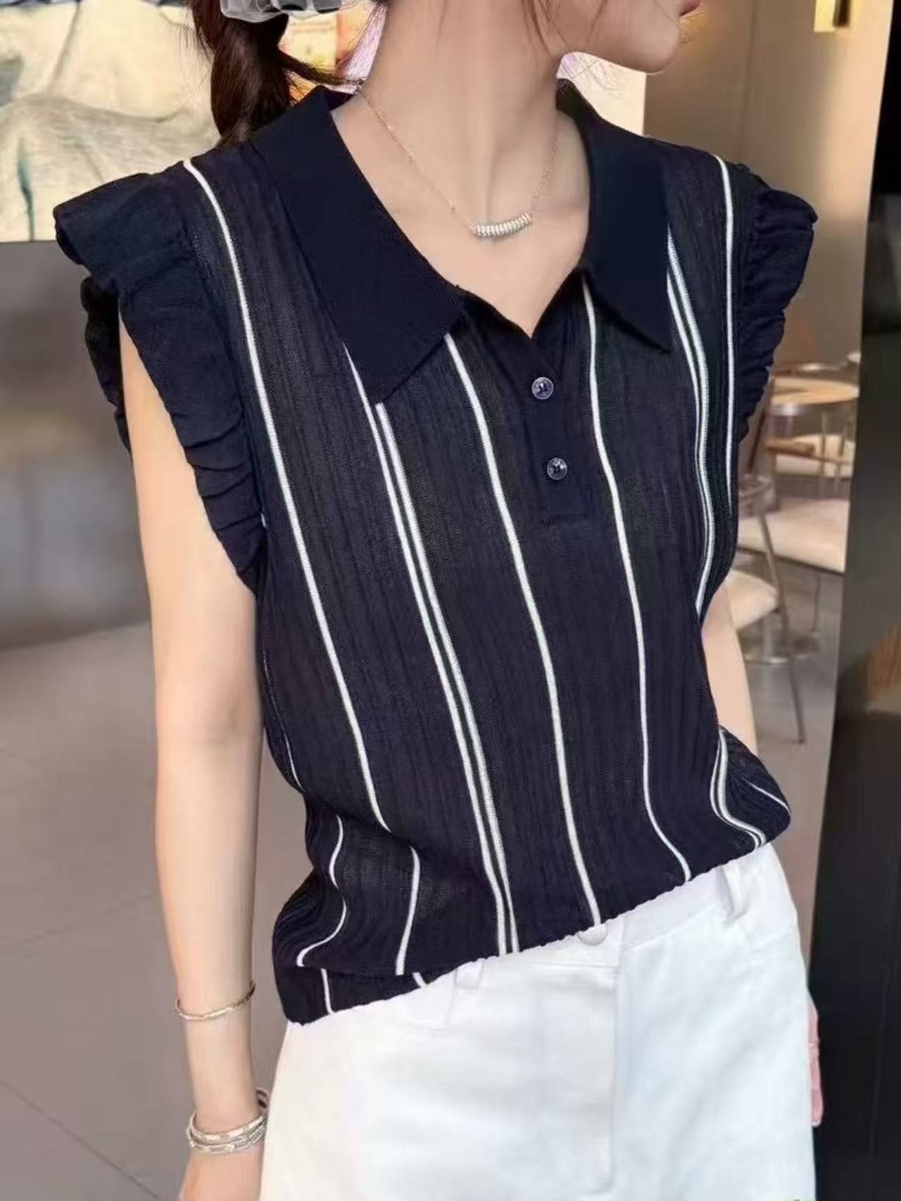 프랑스식 POLO 셔츠 프릴 Feifei 소매 폴로 칼라 니트 맨위 여성 여름 루즈핏 세련된 달콤한 스타일 민소매 티셔츠 상세 이미지 4
