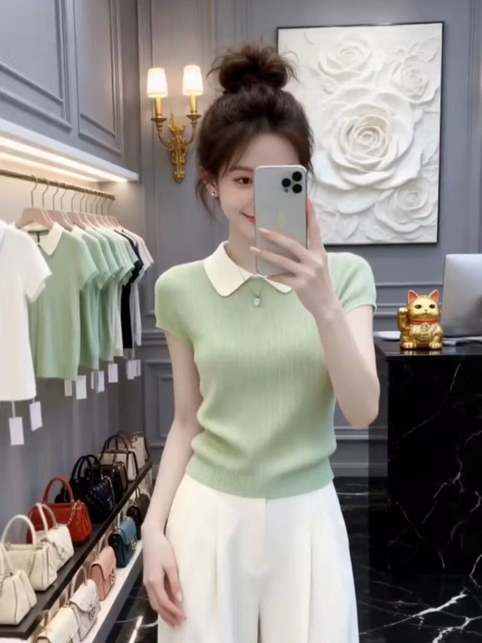 한 부서 연령 감소 Chic 품격 작은 대중 폴로 칼라 반팔 니트 기본 셔츠 2026 년 여름 새로운 티셔츠 여성 의류