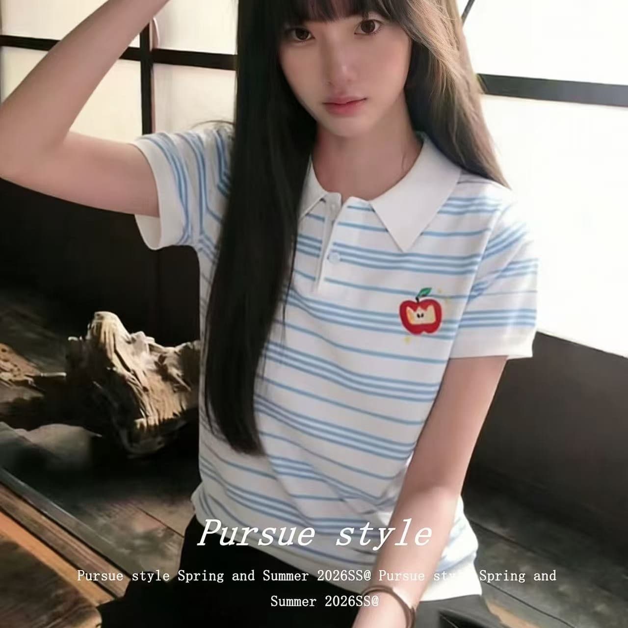 휴가 편지 블루 화이트 스트라이프 POLO 셔츠 여성 여름 긍정적 인 어깨 니트 반팔 한 부서 학원 스타일 맨위 트렌디 이미지 5