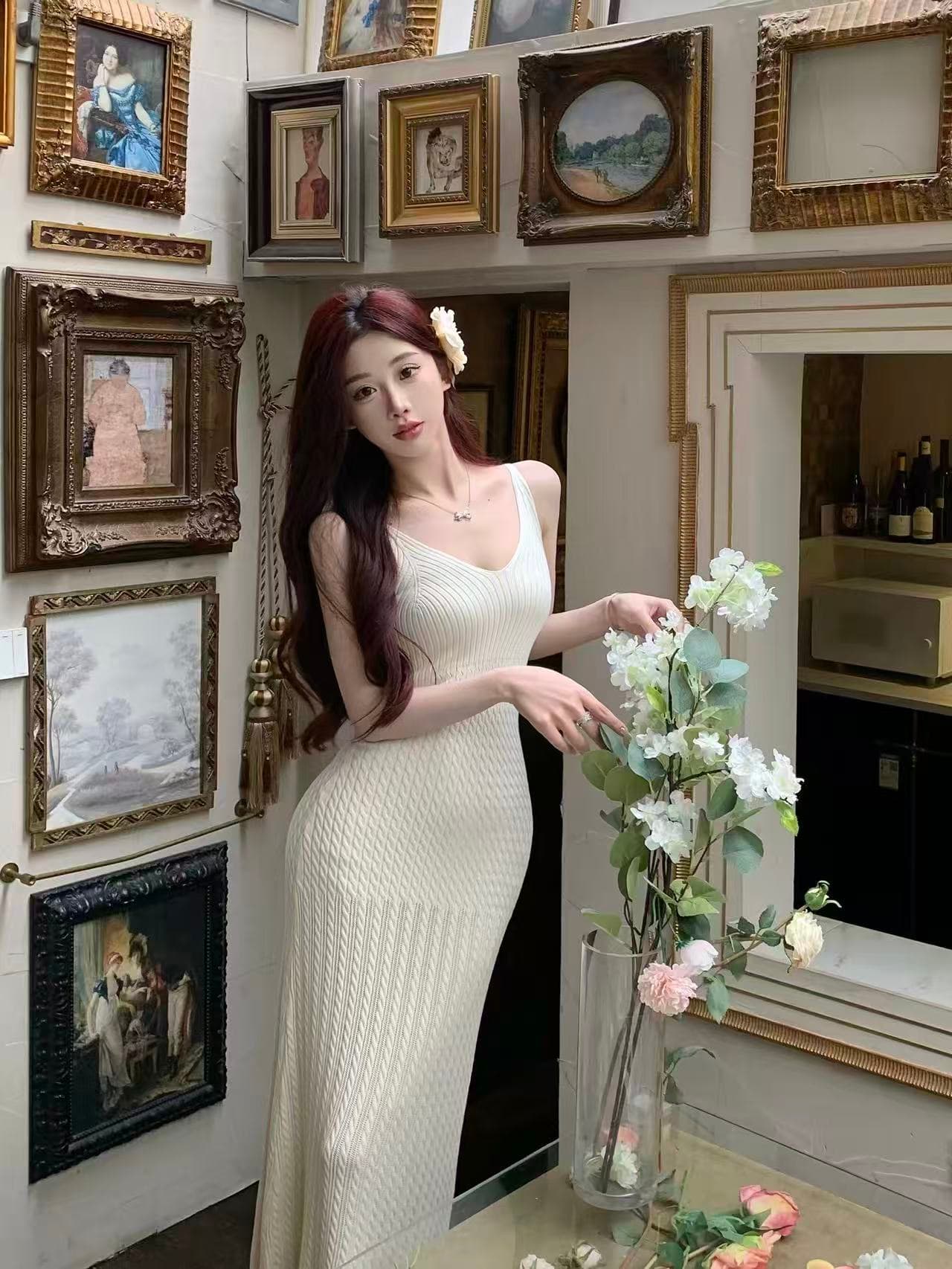 프랑스식 화이트 V넥 니트 슬립 여성 드레스 여름 몸매 가꾸기 섹시함 순수한 욕망 바람 타이트 스커트 아름다운 치마 상세 이미지 1