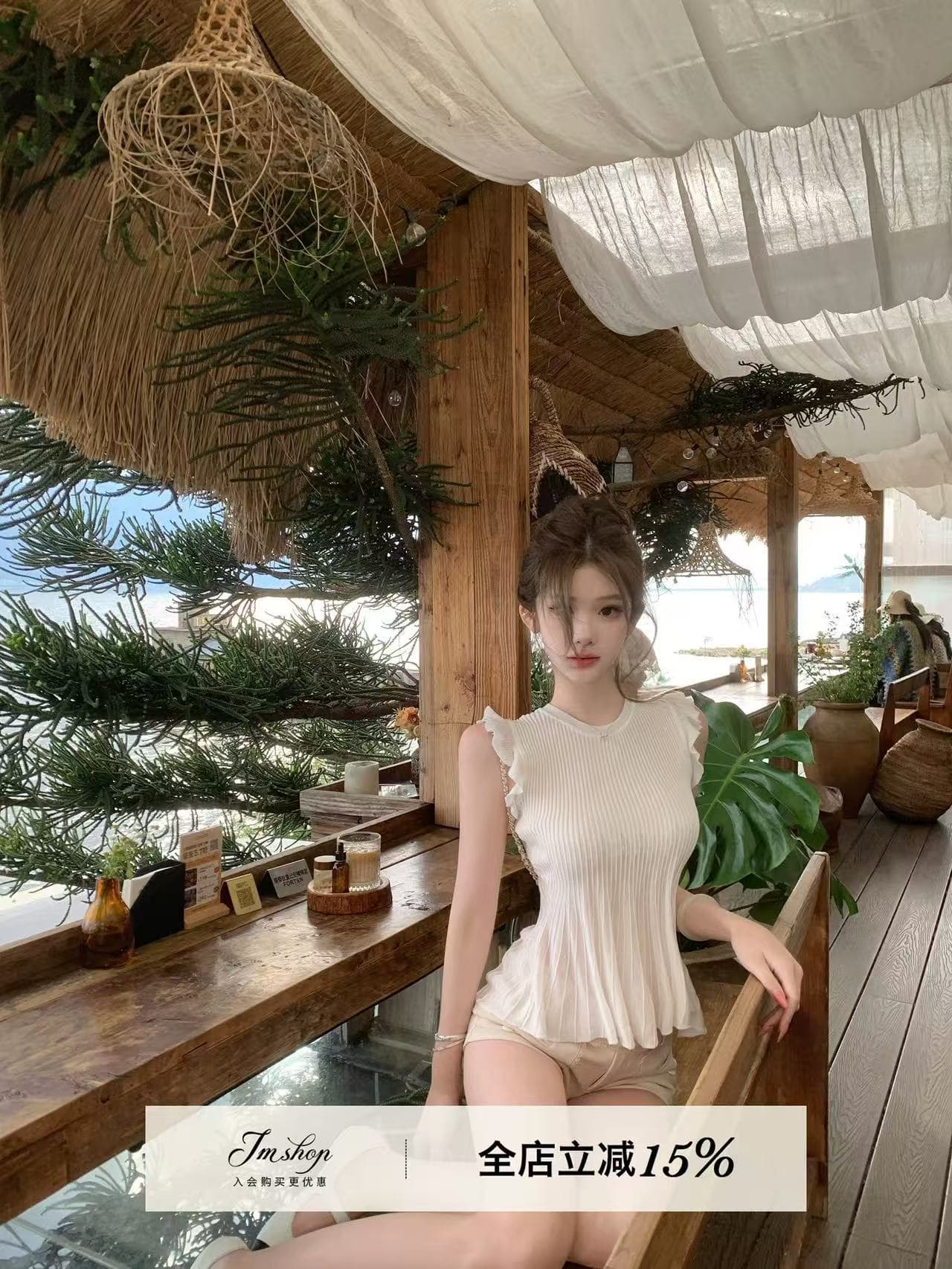 jmshop 쇼 와 doll 센스 프릴 라이 경기 서울 주간 실크 니트 스웨터 여름 허리 수축 슬림해 보이는 민소매 맨위