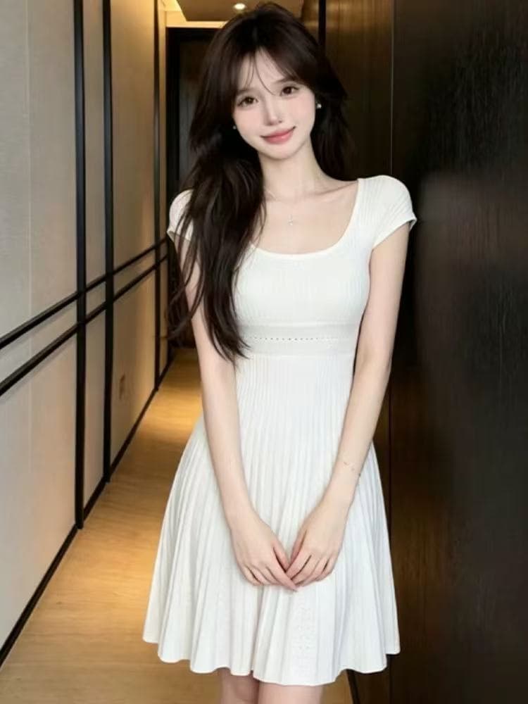 프랑스식 u 칼라 높음 폭탄 허리 수축 한 마디 니트 여성 드레스 여름 새로운 품격 작은 키 주름 장식 플리츠 미니 스커트 이미지 4