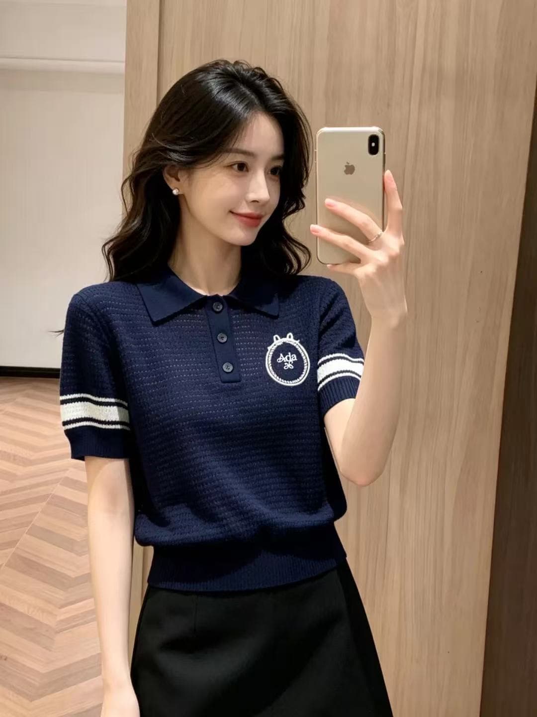 ada jojo 학원 스타일 POLO 칼라 니트 반팔 여성 여름 화이트 자수 줄무늬 슬리브 몸매 가꾸기 연령 감소 맨위 상세 이미지 2