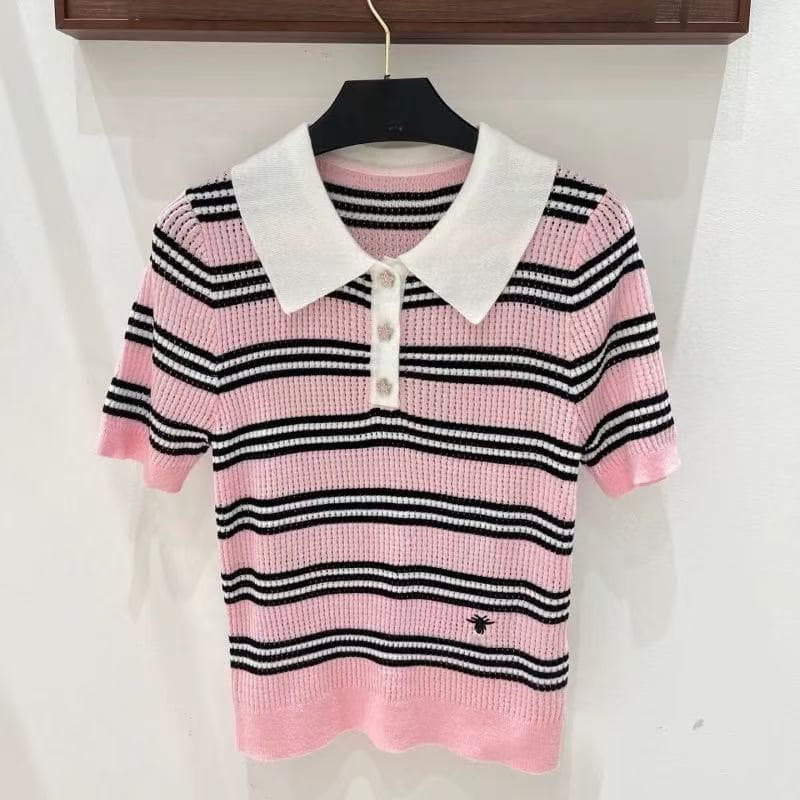 2026 봄 여름 새로운 한 부서 POLO 칼라 스트라이프 배색 반팔 니트 스웨터 여성 몸매 가꾸기 슬림해 보이는 외국 가스 맨위 얇은 상세 이미지 4