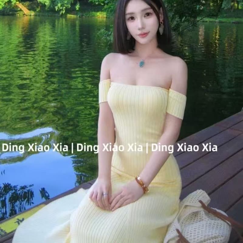 프랑스식 황색 오프숄더 니트 여성 드레스 여름 순수한 욕망 바람 품격 몸매 가꾸기 슬림해 보이는 타이트 타이트 스커트 치마 이미지 5