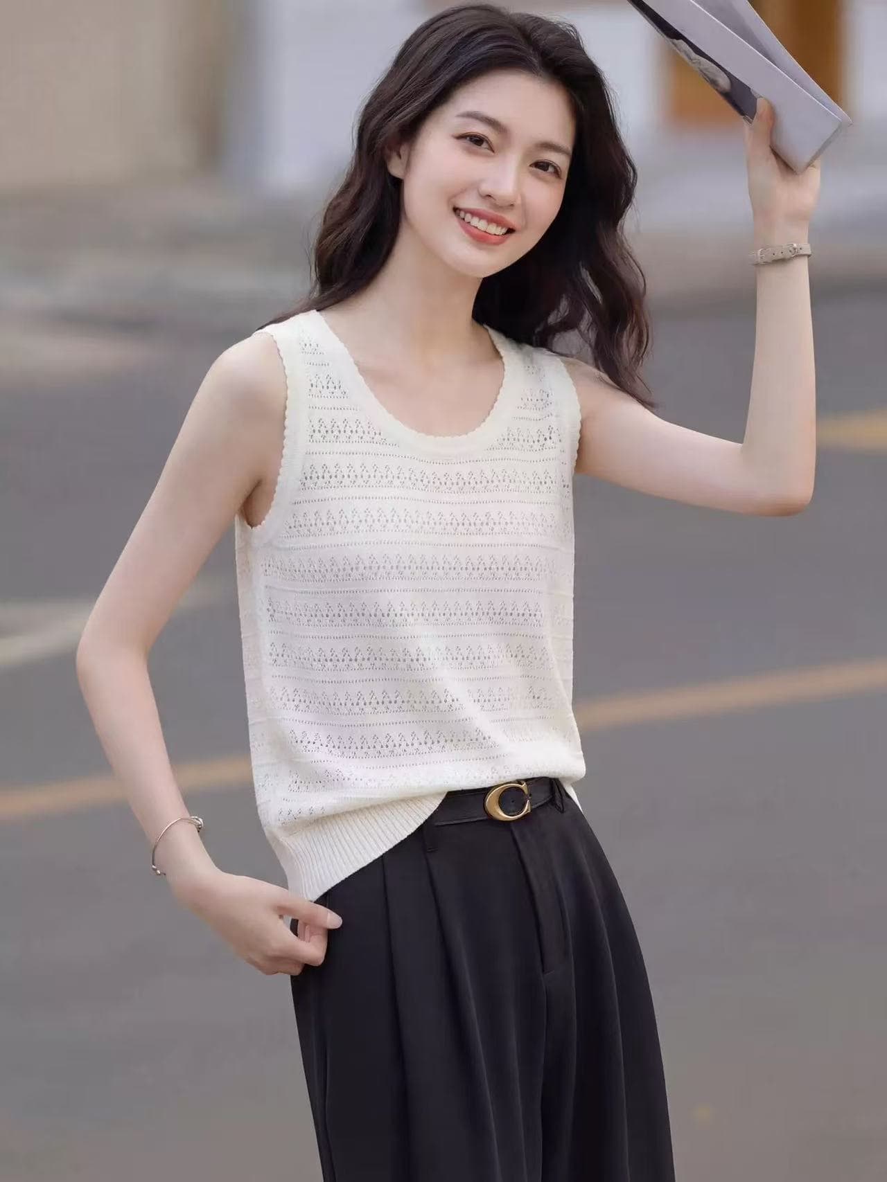 살구 색상 홀로우 아웃 u 칼라 캐미솔 여름 외출용 민소매 어깨 맨위 이미지 3
