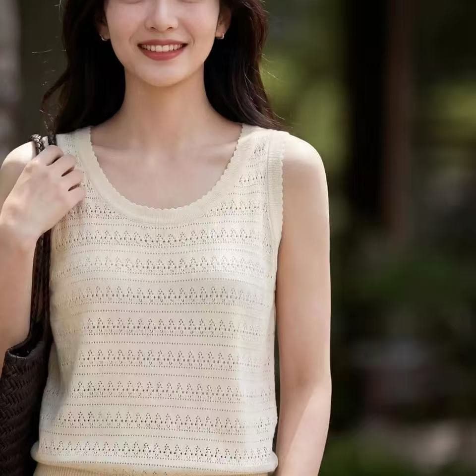 살구 색상 홀로우 아웃 u 칼라 캐미솔 여름 외출용 민소매 어깨 맨위 이미지 5