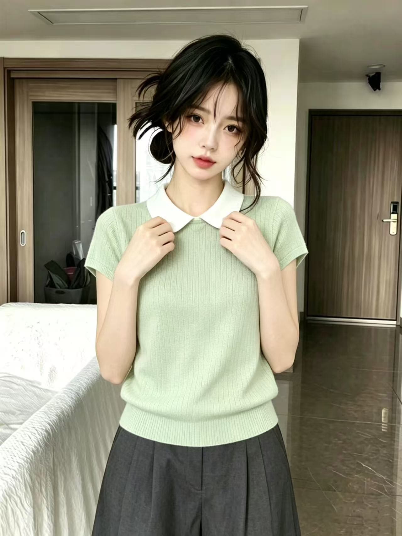 한 부서 배색 폴로 칼라 얼음 실크 반팔 니트 스웨터 여성 2026 새로운 여름 패션 외국 가스 허리 수축 슬림해 보이는 맨위 상세 이미지 2