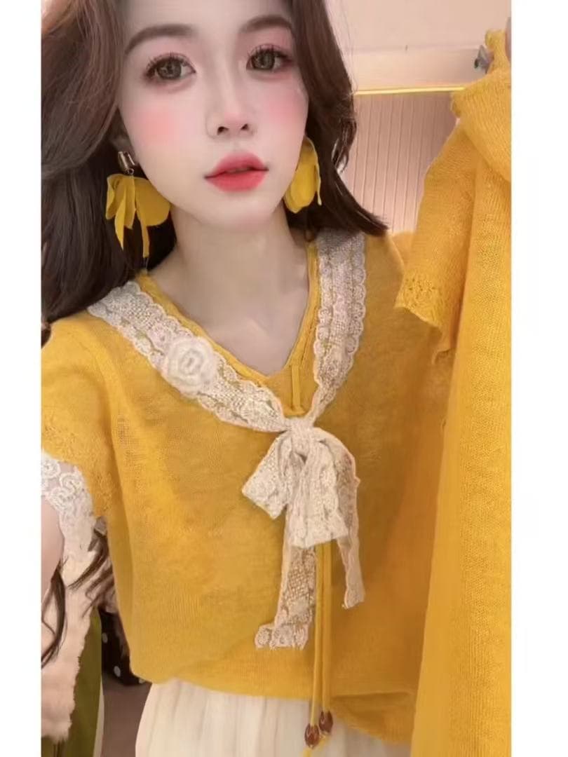 여름 한 부서 부드러운 달콤한 스타일 품격 패치워크 레이스 V넥 나비 매듭 반팔 루즈핏 슬림해 보이는 다용도 맨위 상세 이미지 2