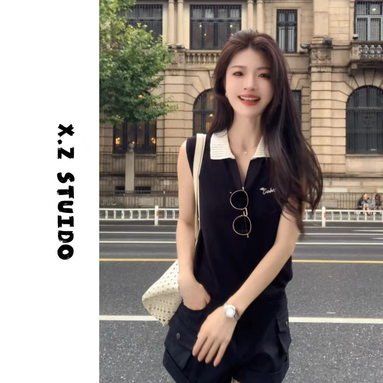x.zhen 홀로우 아웃 폴로 칼라 민소매 polo 맨위 새로운 느긋한 센스 밖으로 조각 아름다운 슬림해 보이는 옷 여름 상세 이미지 1