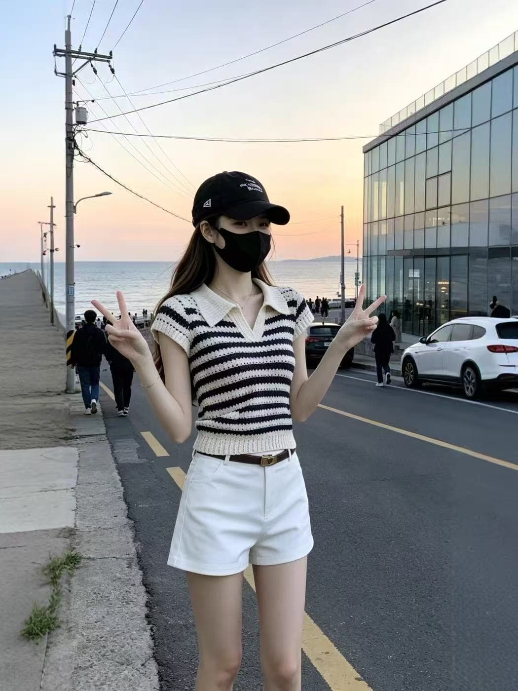 한 부서 배색 스트라이프 POLO 셔츠 니트 스웨터 여성 여름 새로운 레트로 품격 수리 홀로우 아웃 반팔 티셔츠 맨위 이미지 3