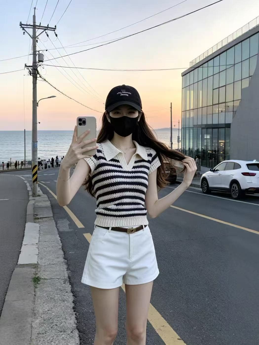 한 부서 배색 스트라이프 POLO 셔츠 니트 스웨터 여성 여름 새로운 레트로 품격 수리 홀로우 아웃 반팔 티셔츠 맨위 이미지 4