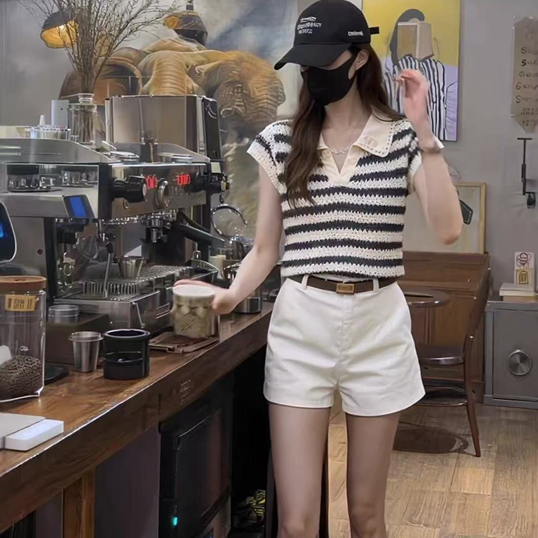 한 부서 배색 스트라이프 POLO 셔츠 니트 스웨터 여성 여름 새로운 레트로 품격 수리 홀로우 아웃 반팔 티셔츠 맨위 이미지 5