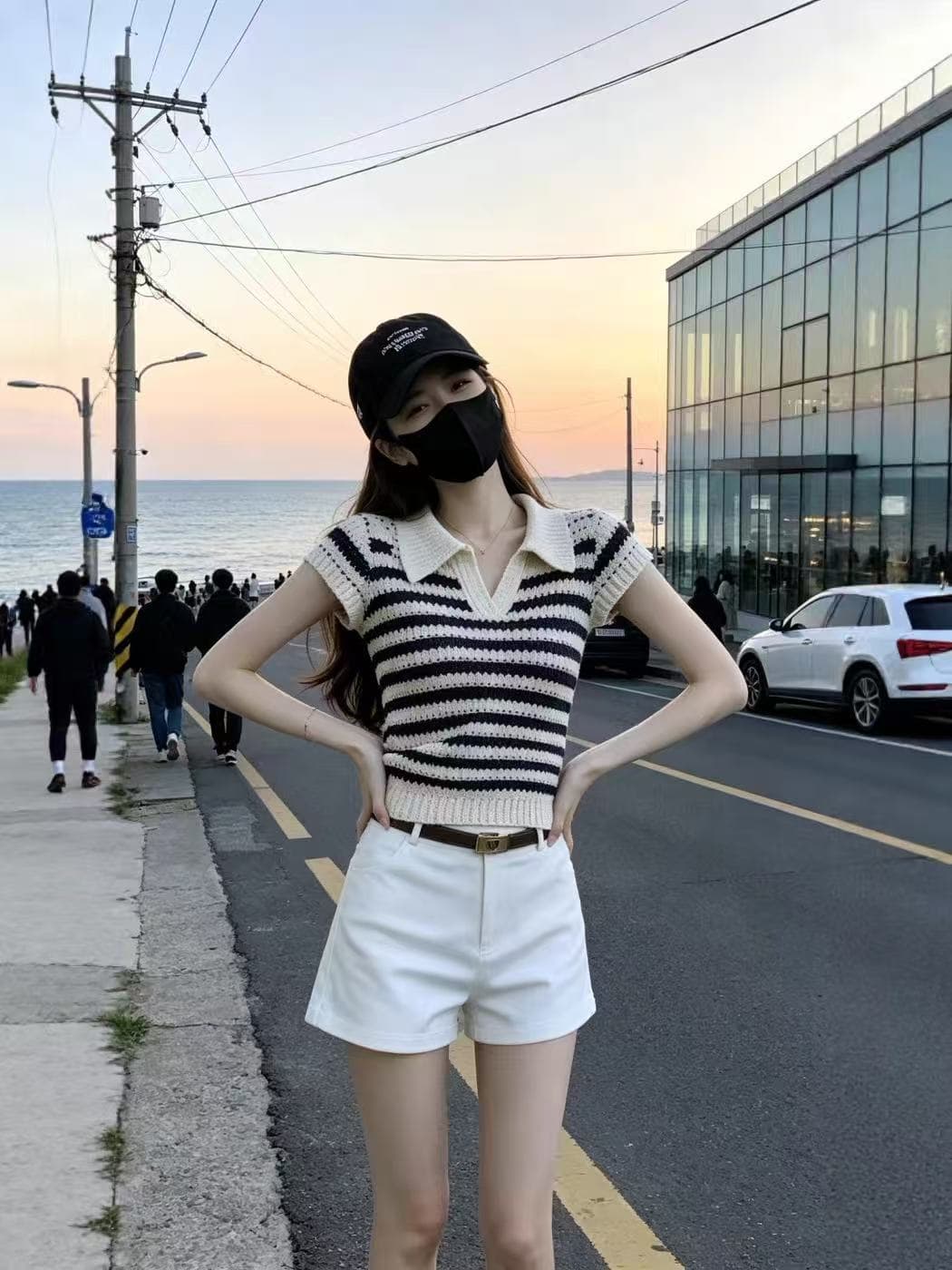한 부서 배색 스트라이프 POLO 셔츠 니트 스웨터 여성 여름 새로운 레트로 품격 수리 홀로우 아웃 반팔 티셔츠 맨위 상세 이미지 1